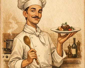 Vintage muurkunst chef-kok: Frans retro keukendecor 'smakelijk eten' (digitale download)