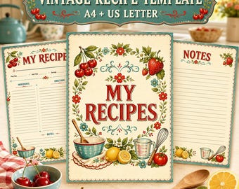 Vintage Recipe Book Template, Printable Blank CookBook, Digital Binder Design (Digital Download)