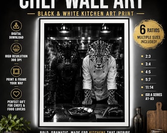 Black and White Chef Wall Art, Panther Leopard Kitchen Print (Digital Download)
