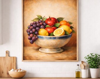 Vintage Fruit Bowl Art, Mediterranean Still Life Print, Rustic Kitchen Decor (Digital Download)