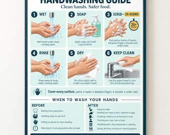 Printable Handwashing Poster for Commercial Kitchens, Illustrated Hygiene Guide, 7 Digital Print Formats