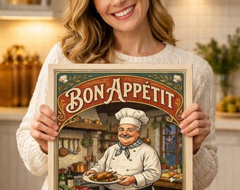 Bon Appetit Kitchen Wall Art Print, Vintage French Chef Printable Poster