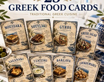 23 Traditional Greek Food Cards, Vintage Mediterranean Buffet Labels (Digital Download)