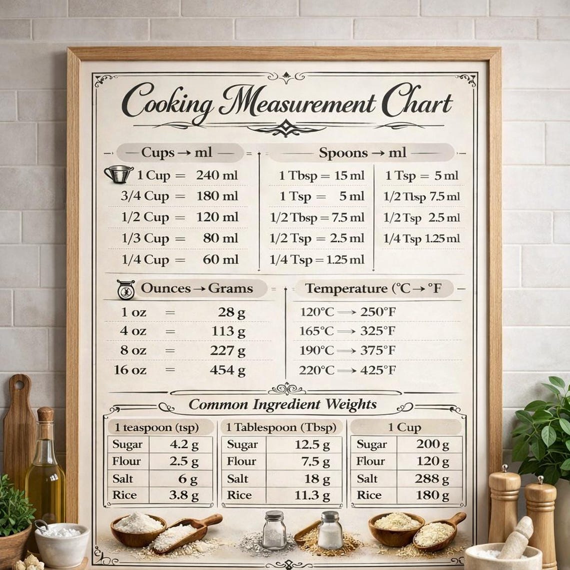 Cooking Measurement Chart Poster, Kitchen Conversion Baking Guide ...