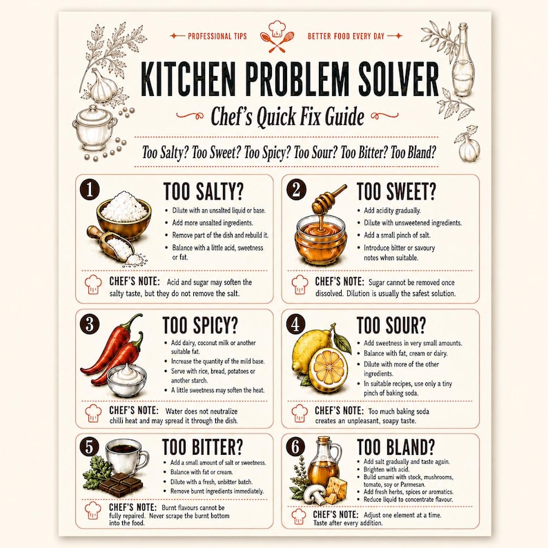Complete Kitchen Problem Solver printable chart featuring professional quick fixes for food that tastes too salty, sweet, spicy, sour, bitter or bland, displayed on a clean ivory background.