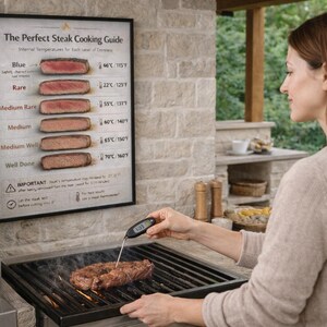 May include: A woman using a digital meat thermometer to check the internal temperature of a steak on a grill. A framed "Perfect Steak Cooking Guide" is visible, showing internal temperatures for different levels of doneness. The steak is cooking over an open flame.