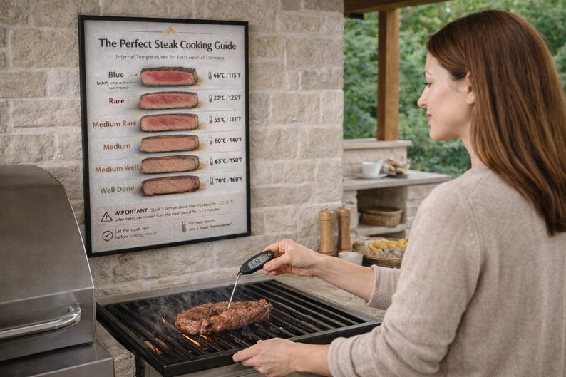 May include: A woman using a digital meat thermometer to check the internal temperature of a steak on a grill. A framed "Perfect Steak Cooking Guide" is visible, showing internal temperatures for different levels of doneness. The steak is cooking over an open flame.