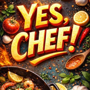 Może przedstawiać: Żywa ilustracja kulinarna z tekstem "YES, CHEF!" pogrubioną czcionką 3D. Obraz przedstawia świeże składniki, takie jak pomidory, czosnek, cytryny i krewetki na patelni, z drewnianą łyżką i liśćmi bazylii. Płomienie i nóż dopełniają motyw gotowania.