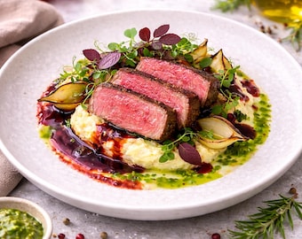 Impresión fotográfica de filete de alta cocina: arte mural de comida gourmet (descarga digital)