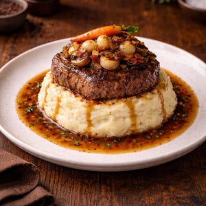 Könnte beinhalten: Ein Gourmet-Gericht mit einem gebratenen Steak auf einem Bett aus Kartoffelpüree, umgeben von einer reichhaltigen Soße. Das Steak ist mit karamellisierten Zwiebeln, Pilzen und einer kleinen Karotte belegt. Das Gericht wird auf einem weißen Teller serviert.
