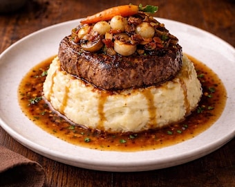 Impresión de bistec gourmet con puré de papas, fotografía de alta cocina (descarga digital)