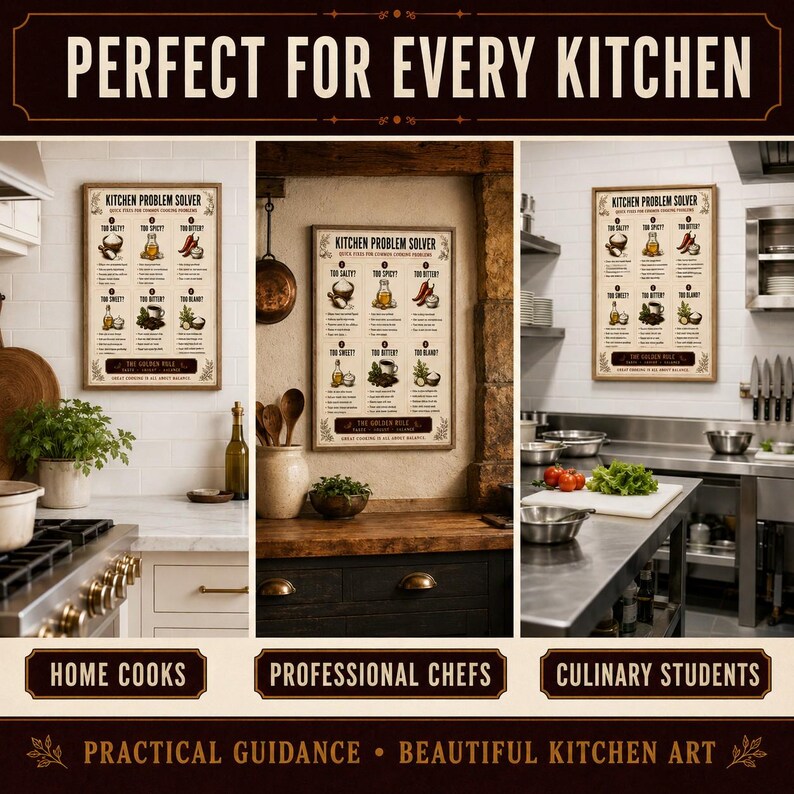 May include: A rectangular wall poster titled Kitchen Problem Solver featuring illustrations and text for adjusting flavors like too salty, spicy, bitter, sweet, or bland. The poster is displayed in three different kitchen settings with wooden frames.