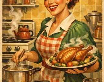 Arte de pared de cocina retro: Lámina vintage de ama de casa cocinando (descarga digital)