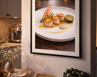 Impresión de vieiras selladas / Fotografía gastronómica de alta cocina, arte culinario (descarga digital)
