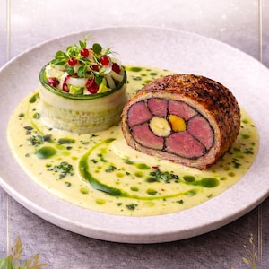 May include: A beautifully presented dish with a sliced meat roll and a cucumber salad. The meat roll sits in a creamy sauce, garnished with herbs and red berries. The plate is on a grey surface, creating a visually appealing meal.