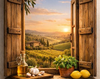 Tuscan Kitchen Faux Window Art, Rustic Italian Vineyard View Printable (Digital Download)