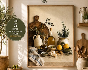 Mediterranean Kitchen Wall Art, Italian Rustic Food Print, Olive Oil Lemons (Digital Download)