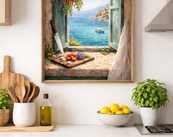 Arte de cocina mediterránea: Imprimible con vista a la ventana de la costa (descarga digital)