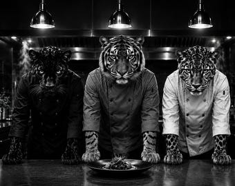 Feline Chef Trio Digital Wall Art: Black and White Horizontal Kitchen Print
