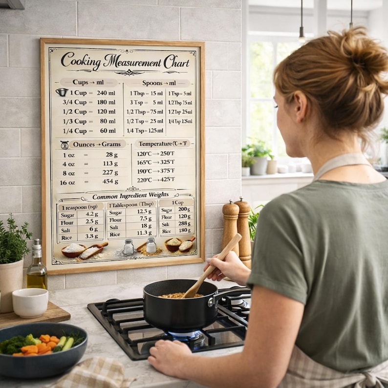 Cooking Measurement Chart Poster, Kitchen Conversion Baking Guide ...