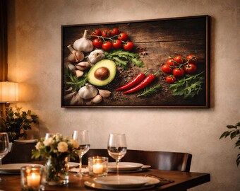 Impresión de bodegón de cocina rústica: aguacate, hierbas y chile (descarga digital)