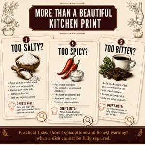 Enlarged details from the Too Salty, Too Spicy and Too Bitter sections, including practical cooking fixes and professional Chef’s Notes.