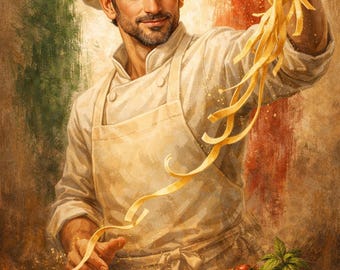 Arte mural de chef italiano: Ilustración culinaria rústica (descarga digital)