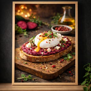 May include: A framed image of a gourmet toast with a poached egg, beet spread, and feta cheese on a wooden cutting board. Garnished with microgreens and red peppercorns, the egg yolk is running. A small bowl of red peppercorns and a bottle of oil are in the background.