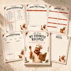 May include: A set of five printed kitchen planning sheets featuring a chef illustration, including a kitchen conversion chart, weekly meal planner, shopping list, recipe page, and notes page, all with red and black text on a cream background.