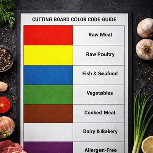 Puede incluir: Una tabla rectangular de código de colores para tablas de cortar con siete barras horizontales: rojo para carne cruda, amarillo para aves crudas, azul para pescado y mariscos, verde para verduras, marrón para carne cocinada, blanco para lácteos y panadería, y morado para libre de alérgenos.