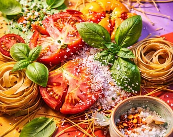 Tomaat basilicum pasta Art Print, kleurrijke foodfotografie (digitale download)