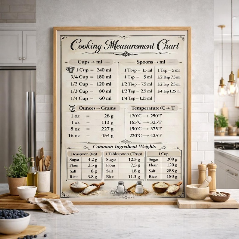 Cooking Measurement Chart Poster, Kitchen Conversion Baking Guide ...