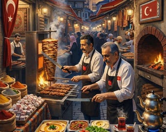 Turkish Street Food Print: Istanbul Market Scene, Vertical Kitchen Decor (Digital Download)