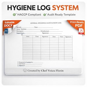 May include: A white hygiene log template with the title "HYGIENE LOG SYSTEM" in red and black. The document includes sections for date, time, and signature, and is labeled as HACCP compliant and audit-ready. It is available in DOCX and PDF formats.