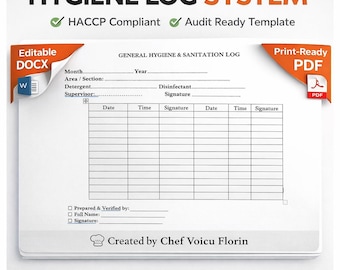 HACCP Hygiene Log Template: Editable DOCX & PDF Kitchen Sanitation Checklist (Digital Download)