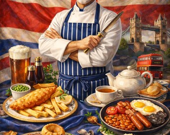 Arte mural de chef británico, póster de comida británica, decoración de cocina con la bandera de la Unión (descarga digital)