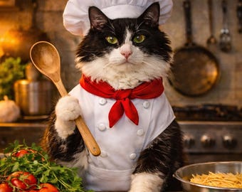 Impresión de un divertido gato chef: póster de cocina (descarga digital)