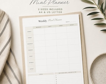 Weekly Meal Planner Printable, Grocery List Template (A4, US Letter)