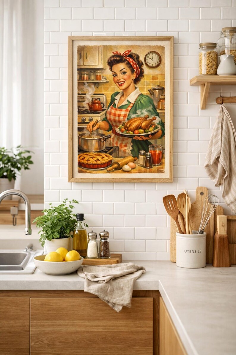 kitchen wall art set retro pie vintage printable... Retro Kitchen Wall Art: Vintage Housewife Cooking Print (digital ...