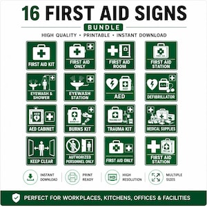 Puede incluir: Un paquete digital de 16 letreros de primeros auxilios en verde y blanco con iconos y texto para botiquines, estaciones de lavado de ojos, DEA y suministros médicos, incluyendo etiquetas de seguridad para lugares de trabajo.