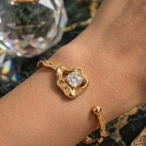 Luxury Gold Cuff Bracelet, Chunky Statement Bangle, Organic Wave Gold Bracelet with Square Diamond Crystal, Elegant Gift for Her
