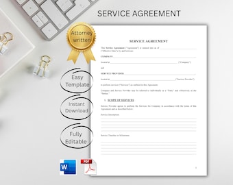 Service Agreement Template - Freelance Contract for Services, Clients & Businesses (Editable Word)