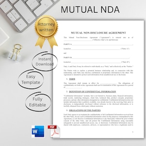 Op de afbeelding: Een Mutual Non-Disclosure Agreement-document met de tekst "MUTUAL NDA" bovenaan. Het document bevat secties voor betrokken partijen, voorwaarden en verplichtingen. Kenmerken zijn "Geschreven door advocaat", "Direct downloaden", "Eenvoudige sjabloon" en "Volledig bewerkbaar".