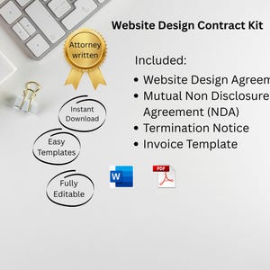 May include: A Website Design Contract Kit with the text "Website Design Contract Kit" and "Included: Website Design Agreement, Mutual Non Disclosure Agreement (NDA), Termination Notice, Invoice Template". Includes Word and PDF file icons.