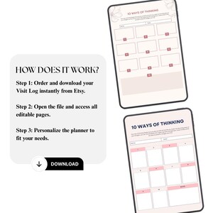 Op de afbeelding: Een digitale planner-weergave met twee pagina's getiteld 10 WAYS OF THINKING met genummerde vakken voor invoer. Links staat een tekstvak met de titel HOW DOES IT WORK? waarin drie stappen voor het bestellen en personaliseren worden uitgelegd.