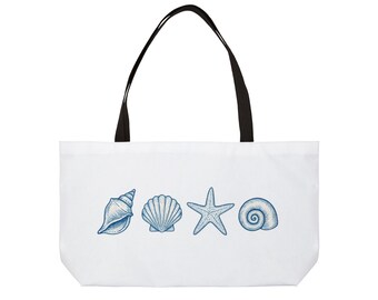 Blue Seashells Weekender Tote Bag | Coastal Beach Starfish Design