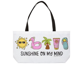 Sunshine On My Mind Weekender Tote Bag | Summer beach icons, flamingo, palm