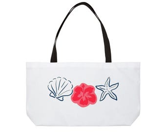 Seashell, Hibiscus & Starfish Weekender Tote Bag | Beach Floral Summer