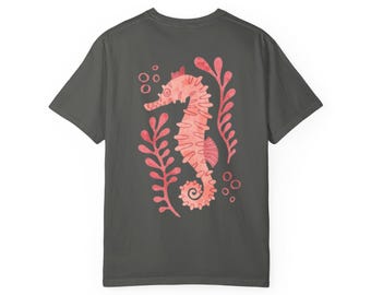 Coral Seahorse Illustration T-shirt | Pink Seaweed Ocean Design