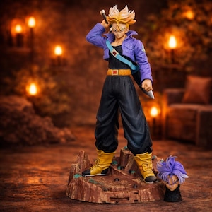 Può includere: Statuetta dettagliata di un personaggio di Dragon Ball Z, con una figura bionda in giacca viola, pantaloni neri e stivali gialli. La figura tiene una spada. È inclusa anche una seconda testa con i capelli viola. La statuetta è su una base marrone.
